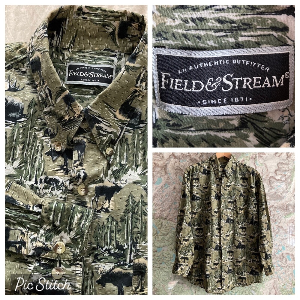 Field & Stream Men's XL Long Sleeve Button Down Cotton Shirt All-Over Moose Camo